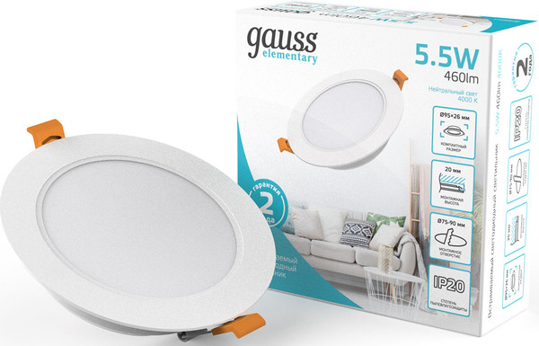 Изображение товара Точечный светильник Gauss Elementary Downlight 5.5W 460lm 4000K 170-260V IP20 / 99742020 (белый)