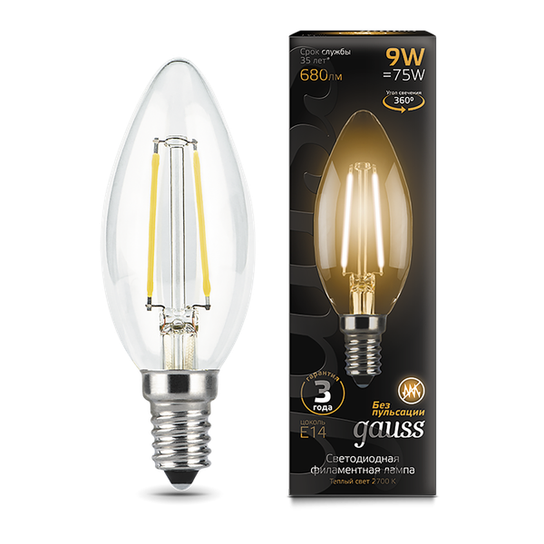 Изображение товара Лампа Gauss Filament Свеча 9W 680lm 2700К Е14 LED / 103801109