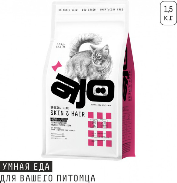 Изображение товара Сухой корм для кошек AJO Cat Skin & Hair для кошек здоровая кожа и красивая шерсть (1.5кг)