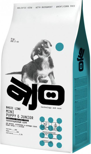 Изображение товара Сухой корм для собак AJO Dog Mini Puppy & Junior с гречкой для щенков малых пород (8кг)