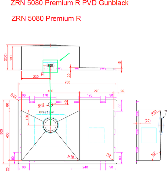 Изображение товара Мойка кухонная ZORG ZRN 5080 Premium R PVD Gunblack