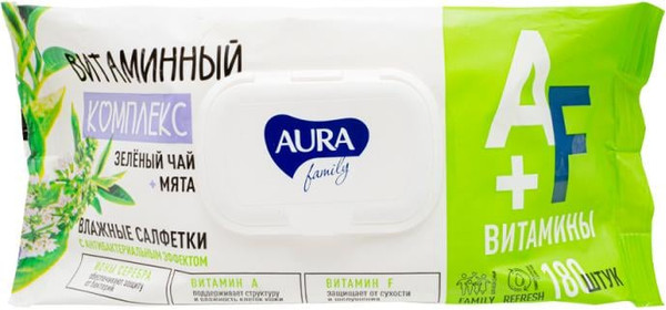 Изображение товара Влажные салфетки Aura Family Для всей семьи с антибактериальным эффектом (180шт)