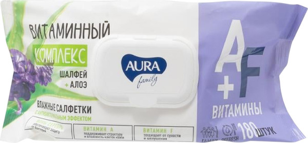 Изображение товара Влажные салфетки Aura Family Для всей семьи с антибактериальным эффектом (180шт)