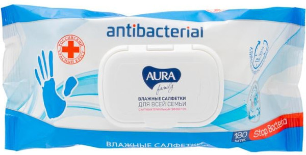 Изображение товара Влажные салфетки Aura Family Для всей семьи с антибактериальным эффектом (180шт)