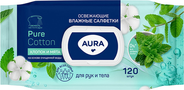 Изображение товара Влажные салфетки Aura Family Для всей семьи освежающие (120шт)