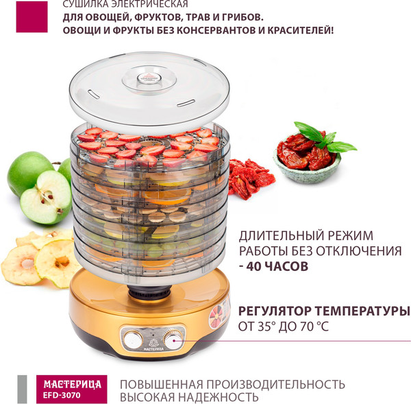 Изображение товара Сушилка для овощей и фруктов Мастерица EFD-3070 (черный/золото)