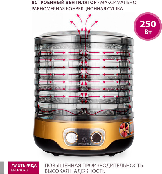 Изображение товара Сушилка для овощей и фруктов Мастерица EFD-3070 (черный/золото)