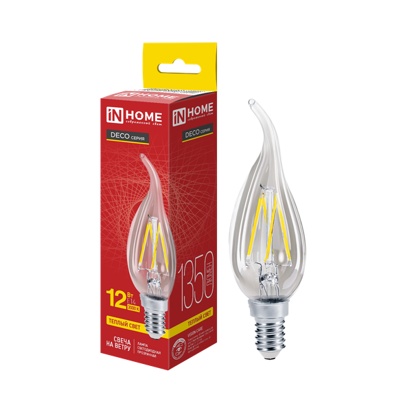 Изображение товара Лампа INhome LED-Свеча на ветру-Deco 12Вт 230В Е14 3000К 1350Лм (4690612055992)