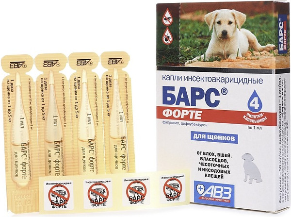 Изображение товара Капли от блох Агроветзащита Барс Форте для щенков (4 пипетки)