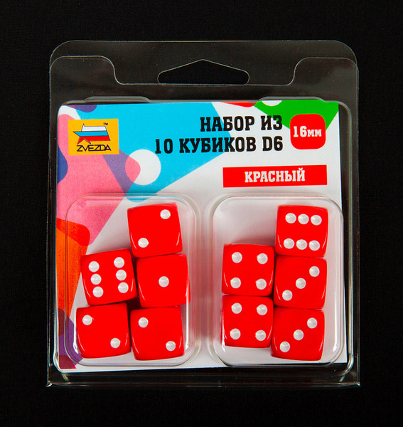 Изображение товара Набор кубиков для настольной игры Звезда D6 16мм / 1230 (10шт, красный с белыми точками)