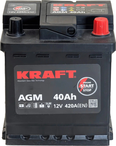 Изображение товара Автомобильный аккумулятор KrafT AGM 40 R 420A / AGM-L0 (40 А/ч)
