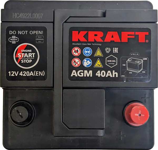 Изображение товара Автомобильный аккумулятор KrafT AGM 40 R 420A / AGM-L0 (40 А/ч)