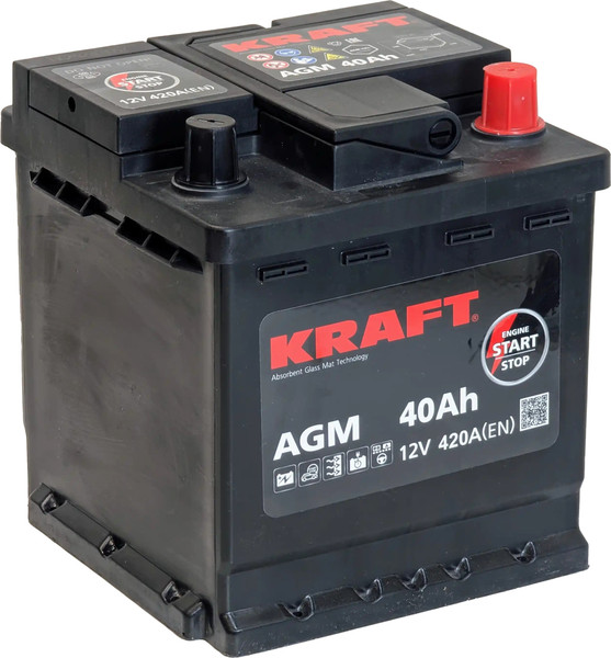 Изображение товара Автомобильный аккумулятор KrafT AGM 40 R 420A / AGM-L0 (40 А/ч)