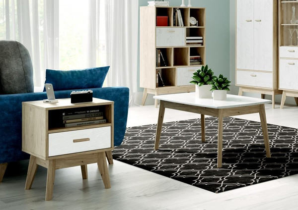 Изображение товара Прикроватная тумба Мебельград Калгари 44x40x57 (дуб натуральный светлый / белый матовый)