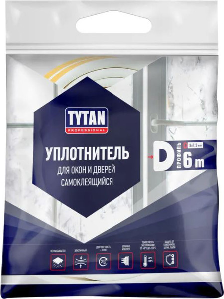 Изображение товара Лента уплотнительная Tytan Professional Для окон и дверей D-профиль 6мx9ммx7.5мм / 19460 (белый)