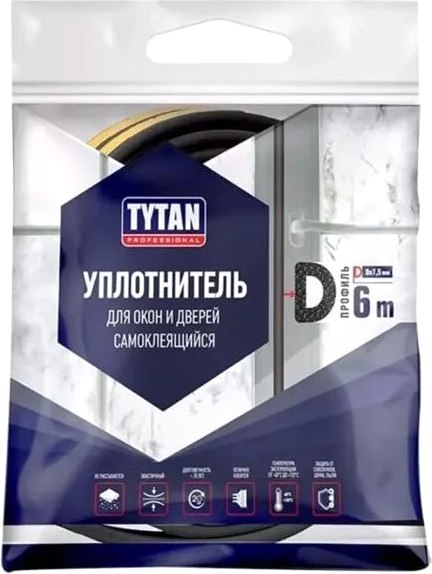Изображение товара Лента уплотнительная Tytan Professional Для окон и дверей D-профиль 6мx9ммx7.5мм / 19880 (черный)