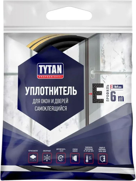 Изображение товара Лента уплотнительная Tytan Professional Для окон и дверей Е 6мx9ммx4мм / 19644 (черный)