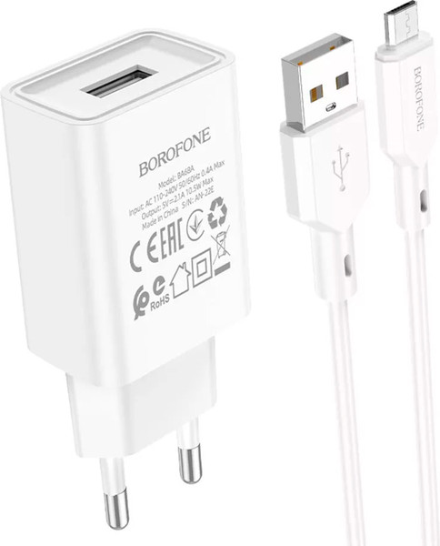 Изображение товара Зарядное устройство сетевое Borofone BA68A Glacier + кабель AM-microBM / 6974443385717 (1м, белый)