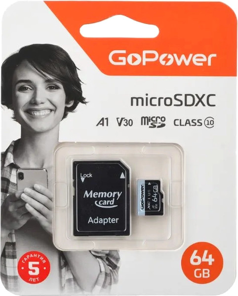 Изображение товара Карта памяти GoPower microSD 64GB Class10 / 00-00025676 (с адаптером)
