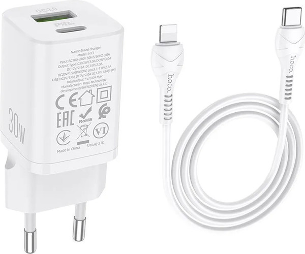 Изображение товара Зарядное устройство сетевое Hoco N13 Bright PD30W+QC3.0 1хType-C 1хUSB-A 3A / 6931474747426