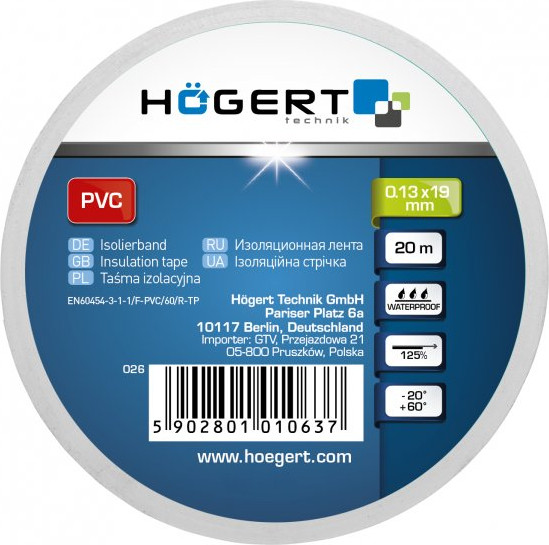 Изображение товара Изолента Hoegert 0.13x19мм HT1P285 (20м, белый)