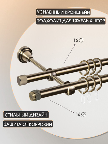 Изображение товара Карниз для штор Sundays Home Орсей 16мм+16мм двухрядный (антик, 2.4м)