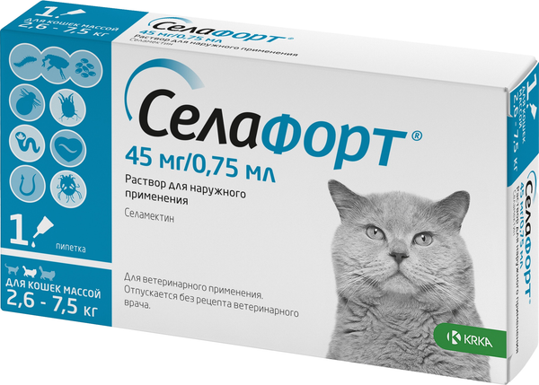 Изображение товара Капли от паразитов KRKA Селафорт для кошек 2.6-7.5кг (0.75мл)