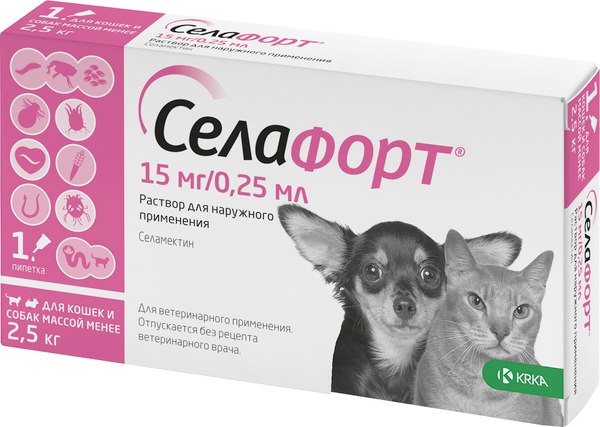 Изображение товара Капли от паразитов KRKA Селафорт для кошек и собак до 2.5кг (0.25мл)