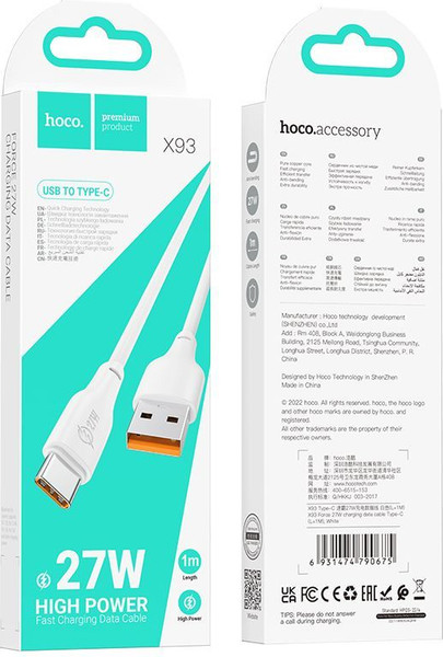 Изображение товара Кабель Hoco X93 Type-C 27W (1м, белый)