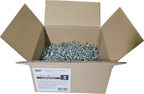 Изображение товара Саморез RBT СПШС/Ц 4.2х32 с прессшайбой со сверлом мелкий шаг (3кг, оцинкованный)