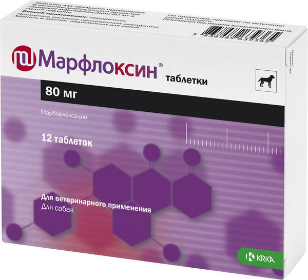 Изображение товара Таблетки антибактериальные для животных KRKA Марфлоксин 80мг (12 таблеток)
