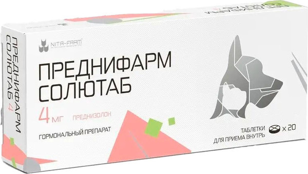 Изображение товара Таблетки противовоспалительные для животных Nita-Farm Преднифарм Солютаб 4мг (20 таблеток)