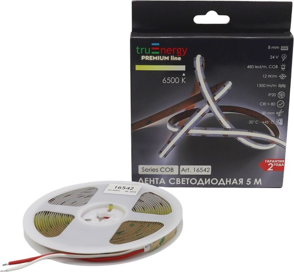 Изображение товара Светодиодная лента Truenergy 24V-COB-480D 12W/m 6500K IP20 / 16542 (5м)