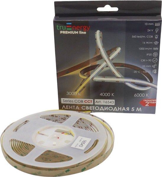 Изображение товара Светодиодная лента Truenergy 24V-COB-560D 16W/m CCT 3000K-6000K IP20 / 16543 (5м)