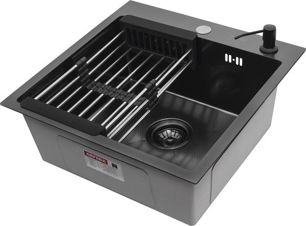 Мойка кухонная Arfeka Eco AR 50x50 + CL AR + DS AR (Black Decor Millet Grains, с дозатором и коландером) — фото 6