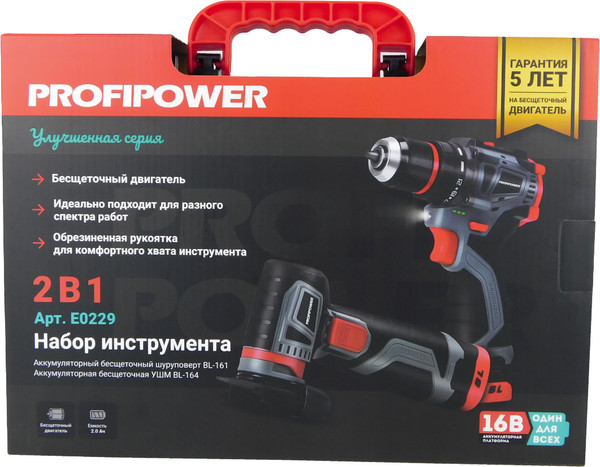 Изображение товара Набор электроинструмента Profipower ProfiSet 2B16 / E0229 (Li-ion 2шт, З/У, в кейсе)