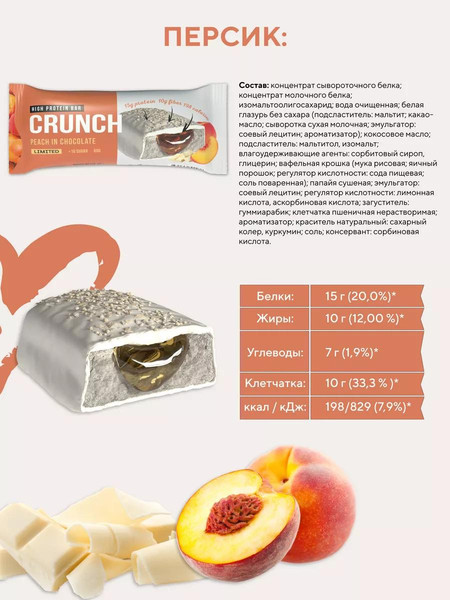 Изображение товара Набор протеиновых батончиков BootyBar Crunch Персик в шоколаде (16x60г)