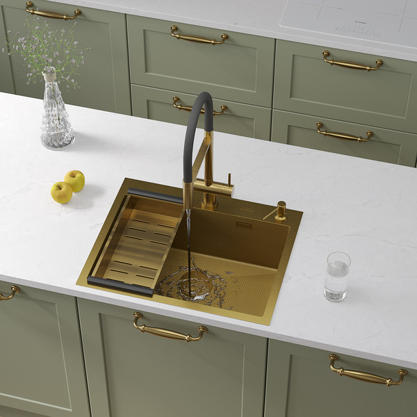 Изображение товара Мойка кухонная Roxen Snake 560220-60-GS PVD c коландером и дозатором (золото текстурное)
