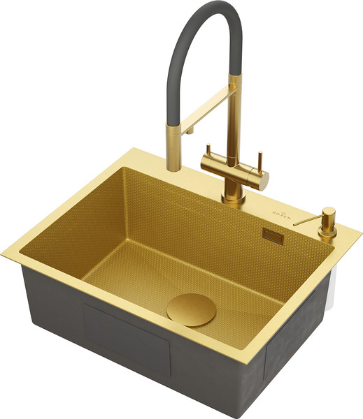 Изображение товара Мойка кухонная Roxen Snake 560220-60-GS PVD c коландером и дозатором (золото текстурное)