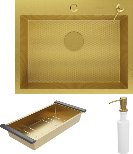 Изображение товара Мойка кухонная Roxen Snake 560220-60-GS PVD c коландером и дозатором (золото текстурное)