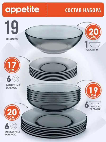Изображение товара Набор тарелок Appetite Basilico Grey 19BGREY