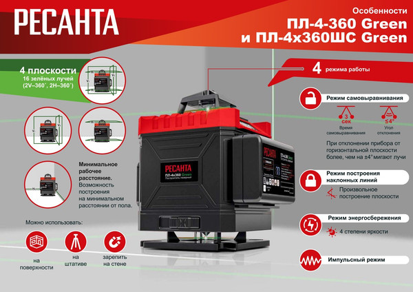 Изображение товара Лазерный нивелир Ресанта ПЛ-4Х360 / 61/10/544 (зеленый)