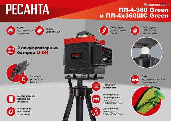 Изображение товара Лазерный нивелир Ресанта ПЛ-4Х360 / 61/10/544 (зеленый)