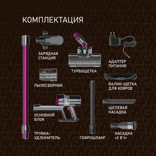 Изображение товара Вертикальный пылесос Weissgauff V12 BLDC 400 Magenta Turbo