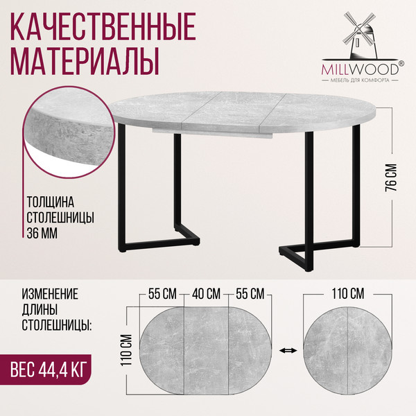 Изображение товара Обеденный стол Millwood Лондон D1100 (Л) раздвижной / 110-150x110x76 (бетон/металл черный)