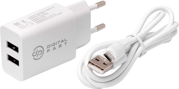 Изображение товара Зарядное устройство сетевое Digitalpart WC-250 2.1A с кабелем MicroUSB (белый)