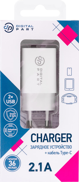 Изображение товара Зарядное устройство сетевое Digitalpart WC-250 2.1A с кабелем Type-C (белый)