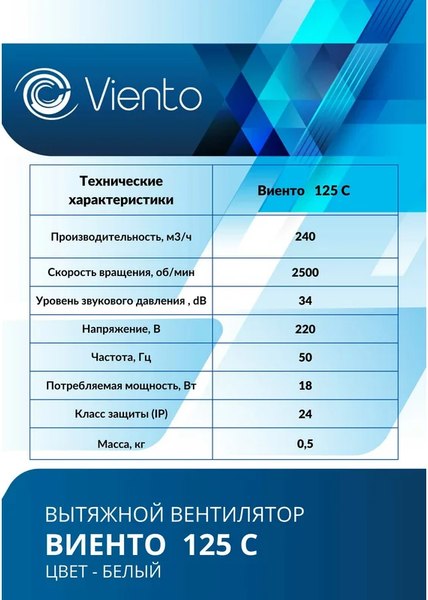 Изображение товара Вентилятор накладной Viento 125С
