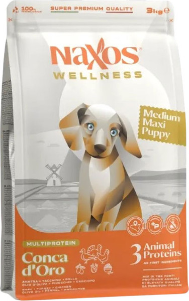 Изображение товара Сухой корм для собак Adragna Naxos Wellness Medium Maxi Puppy утка, курица и индейка (3кг)
