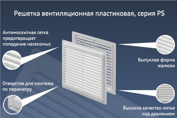 Изображение товара Решетка вентиляционная Ventale Премиум PS пластиковая в рамке с сеткой 203x203 (белый)